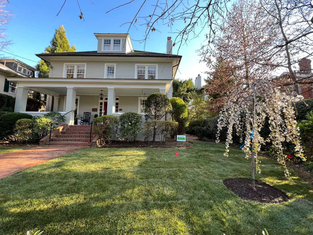 Bright white house with manicured front yard and blooming tree in spring.
